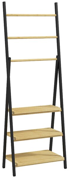 Portasciugamani da Terra Pieghevole 3 Barre e 3 Ripiani 53x31x153 cm in Bambù e Acciaio Nero