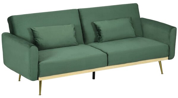 Divano Letto Singolo Clic Clac 206x81x83 cm in Tessuto Effetto Velluto con 2 Cuscini Verde