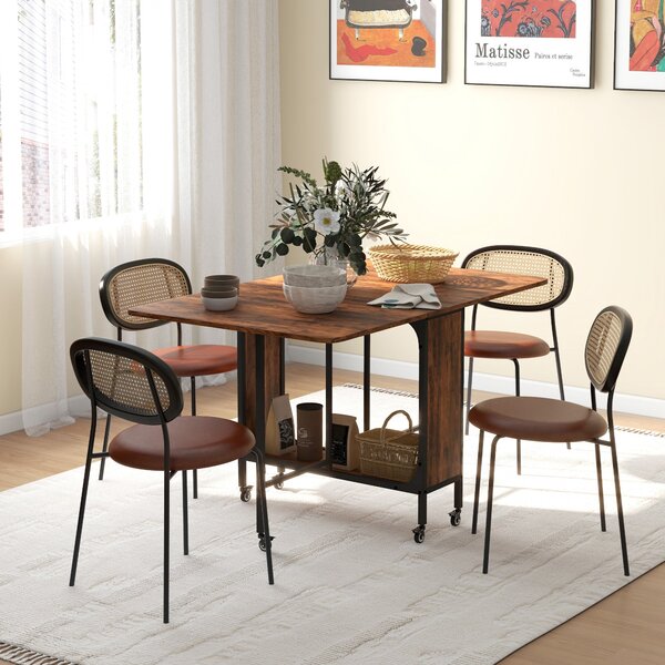 Tavolo Pieghevole 6 Ruote e Mensola 130x80x74 cm in Legno e Metallo Marrone Rustico