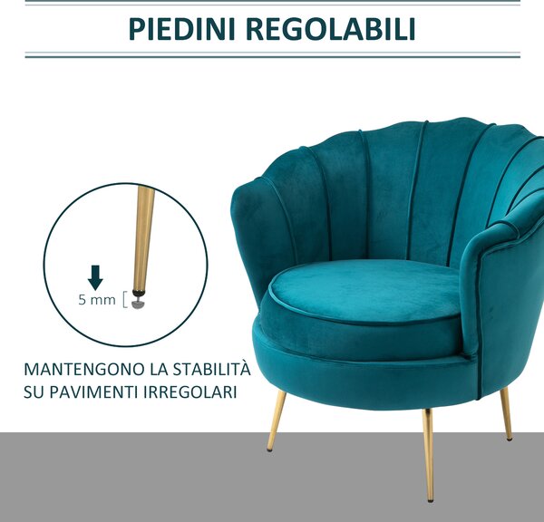 HOMCOM Poltrona di Design Stile Vintage Imbottita in Velluto, 79x77x77cm, Verde Petrolio