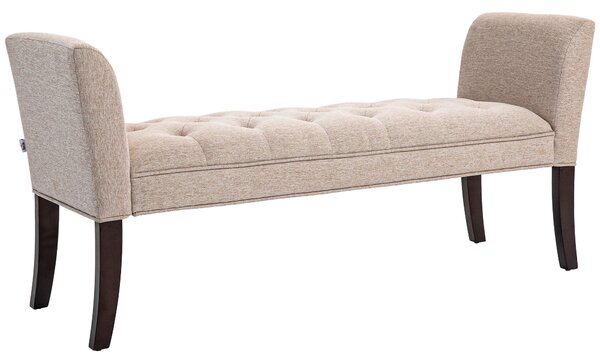 Panca Fondo Letto Imbottita e a Bottoni 141x44x65 cm in Legno e Tessuto Effetto Lino Beige