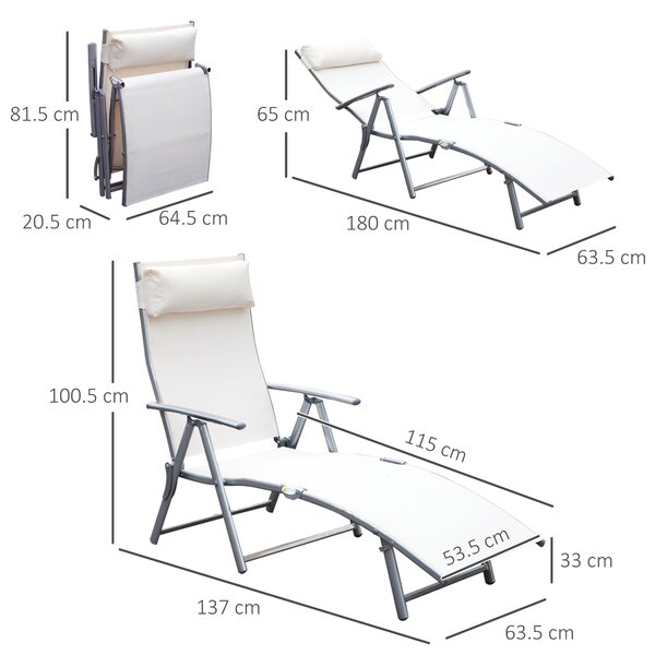Outsunny Sedie Sdraia da Giardino lettino prendisole pieghevole arredamento giardino Piscina Pieghevole Schienale Regolabile, Crema Bianco|Aosom