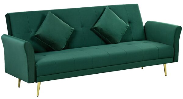Divano Letto Singolo Clic Clac con Schienale Regolabile 215x83x87 cm in Tessuto Effetto Velluto con 2 Cuscini Verde