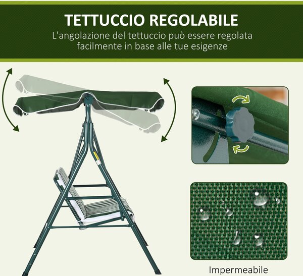 Outsunny Dondolo da Giardino 3 Posti in Acciaio e Teslin con Tetto Parasole, 172x110x153 cm, Bianco e Verde|Aosom