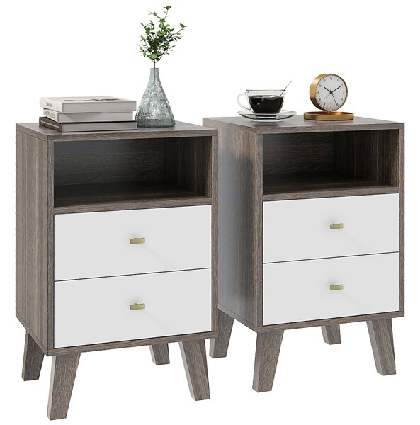 Set di 2 Comodini con 2 Cassetti e Vano Aperto 40x34x64 cm Grigio