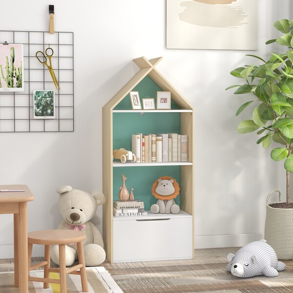 Libreria per Bambini 3 Ripiani e Cassetto e Dispositivo Antiribaltamento 50x30x119,5 cm Verde