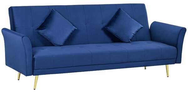 Divano Letto Singolo Clic Clac con Schienale Regolabile 215x83x87 cm in Tessuto Effetto Velluto con 2 Cuscini Blu