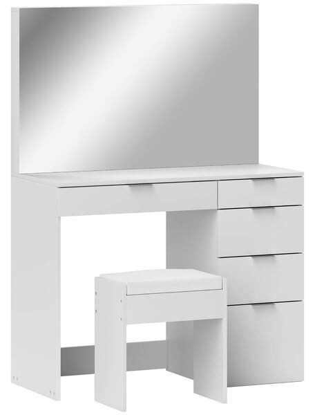 Consolle Trucco con Specchio 5 Cassetti e Sgabello 97,2x44,5x136,5 cm Bianco