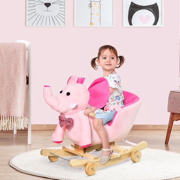 Cavallo a Dondolo per Bambini in Legno e Peluche Elefante Rosa