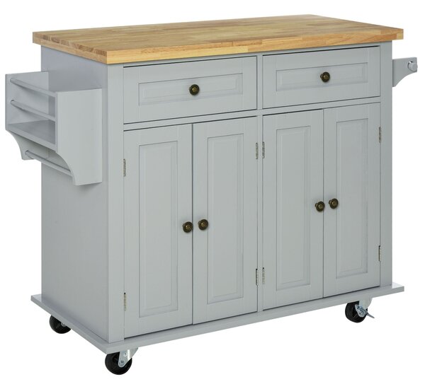 Carrello Isola da Cucina 2 Cassetti e 2 Armadietti Piano in Legno 111x44,5x82,5 cm Grigio