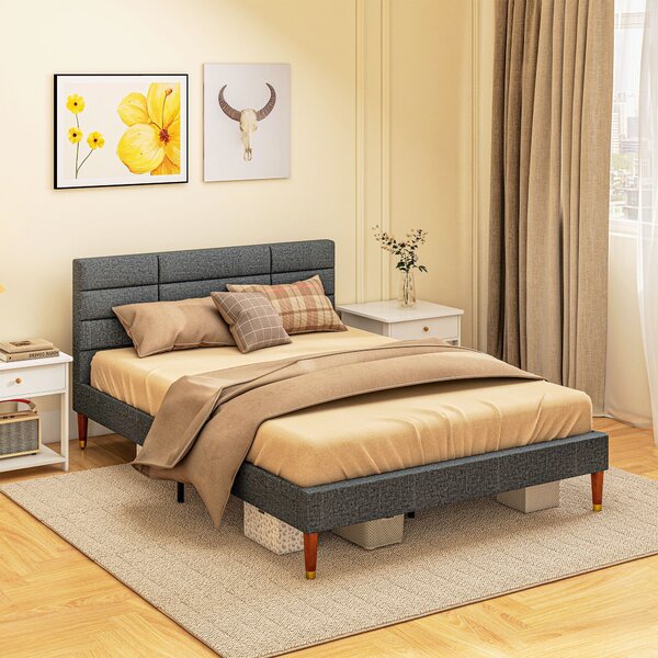 Struttura Letto Matrimoniale con Testiera 141x207x88 cm in Tessuto effetto Lino Grigio