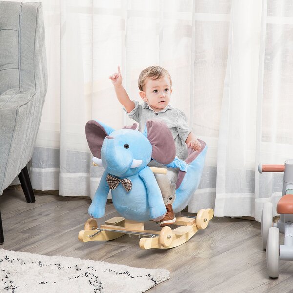 Cavallo a Dondolo per Bambini in Legno e Peluche Elefante Blu