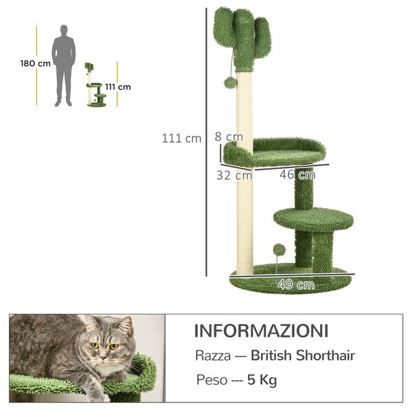 Albero Per Gatti A Forma Di Cactus PawHut Con Tiragraffi E Piattaforma - Giocattolo Con Pallina Per Giochi - Foto 6