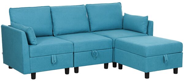 Divano 3 Posti Componibile Modulare con Pouf Poggiapiedi e Cuscini 213x156x88 cm Blu