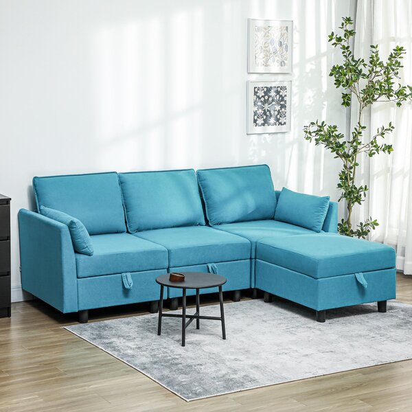 Divano 3 Posti Componibile Modulare con Pouf Poggiapiedi e Cuscini 213x156x88 cm Blu