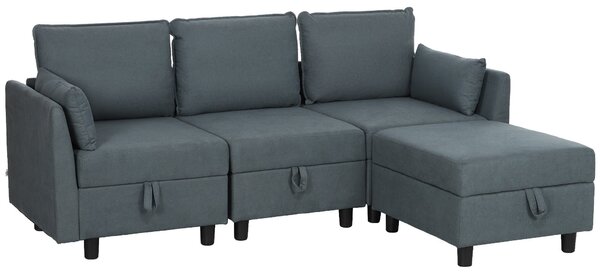 Divano 3 Posti Componibile Modulare con Pouf Poggiapiedi e Cuscini 213x156x88 cm Grigio Scuro