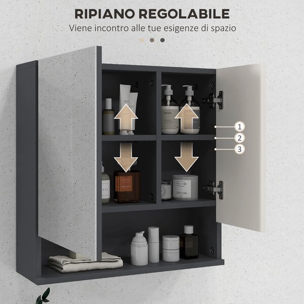 Kleankin Armadietto Bagno a Parete con Specchiera a 2 Ante e Mensole Regolabili in Legno,4 scomparti e ripiano aperto, 55x17x55cm, Grigio|Aosom Italy