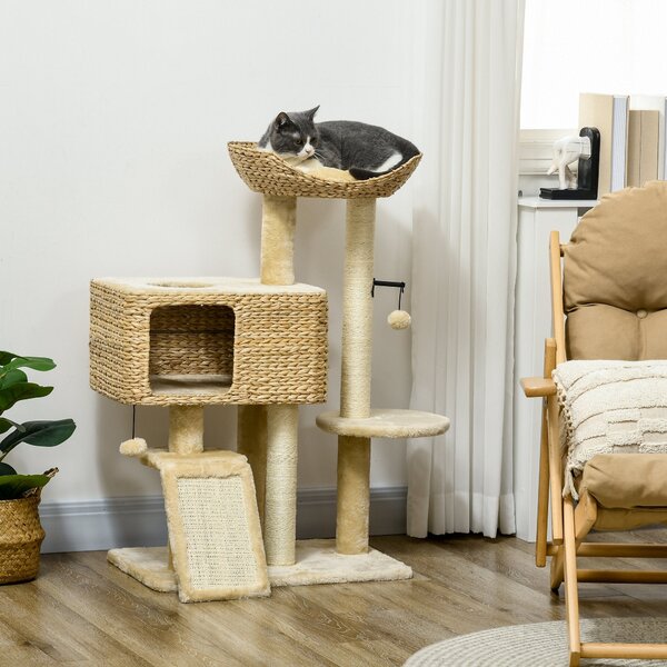 Albero Tiragraffi per Gatti con Casetta e Trespolo 60x40x95 cm Marrone e Beige