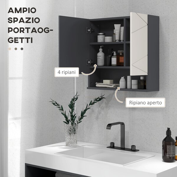 Kleankin Armadietto Bagno a Parete con Specchiera a 2 Ante e Mensole Regolabili in Legno,4 scomparti e ripiano aperto, 55x17x55cm, Grigio|Aosom Italy