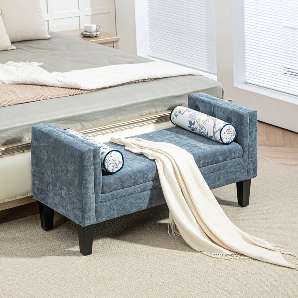 Panca Fondoletto Braccioli Trapuntati e 2 Cuscini 115,5x45x56 cm in Ciniglia e Legno Grigio-Blu e Nero