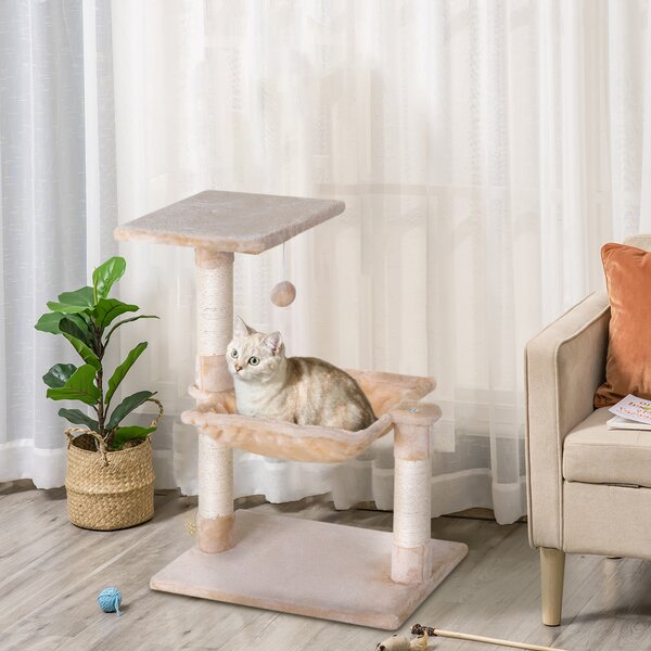 PawHut Torre per Gatti max 3.6kg con Amaca e Pallina Appesa, in Legno e Peluche, 50x36x70 cm, Beige|Aosom