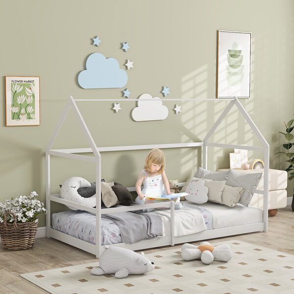 Letto per Bambini con Sponde di Protezione a Forma di Casetta 196x97,5x135 cm Bianco