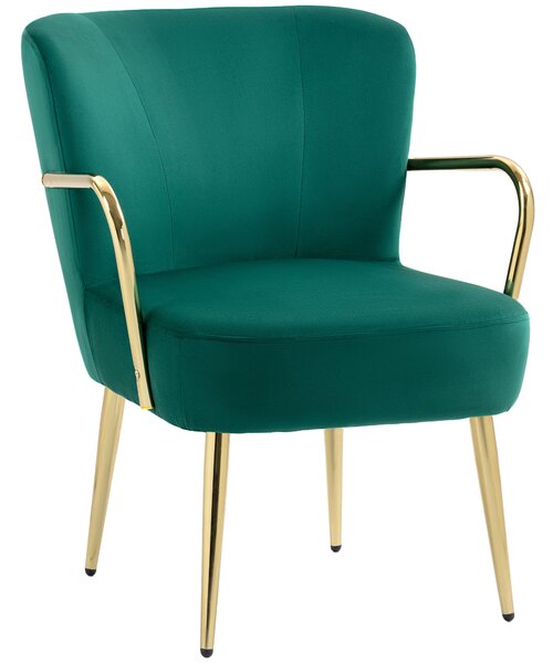 Poltrona Stile Retrò Braccioli e Gambe Dorate in Velluto Verde