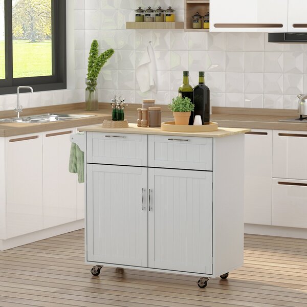 Carrello Isola da Cucina 2 Cassetti e Armadietto Piano in Legno 104x46x91 cm Grigio