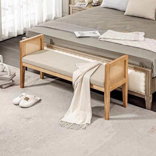Panca Fondoletto Stile Boho 120x38x61,5 cm Seduta Effetto Lino Braccioli in Rattan Crema