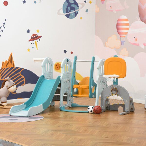 Set Gioco 5 in 1 per Bambini Scivolo Altalena Canestri Porta di Calcio e Anelli