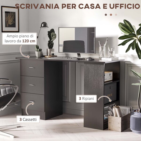 HOMCOM Scrivania PC con 3 Ripiani e 3 Cassetti per Camera e Ufficio, in Legno MDF, 120x49x72 cm, Nera|Aosom