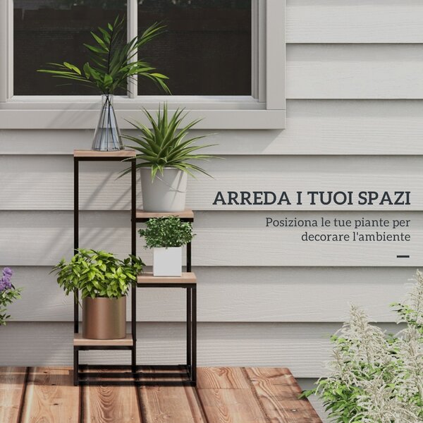 Outsunny Scaffale per Piante a 4 Livelli in Acciaio e Legno, 40x40x75.5 cm, Marrone e Nero|Aosom