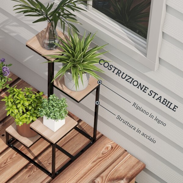 Outsunny Scaffale per Piante a 4 Livelli in Acciaio e Legno, 40x40x75.5 cm, Marrone e Nero|Aosom
