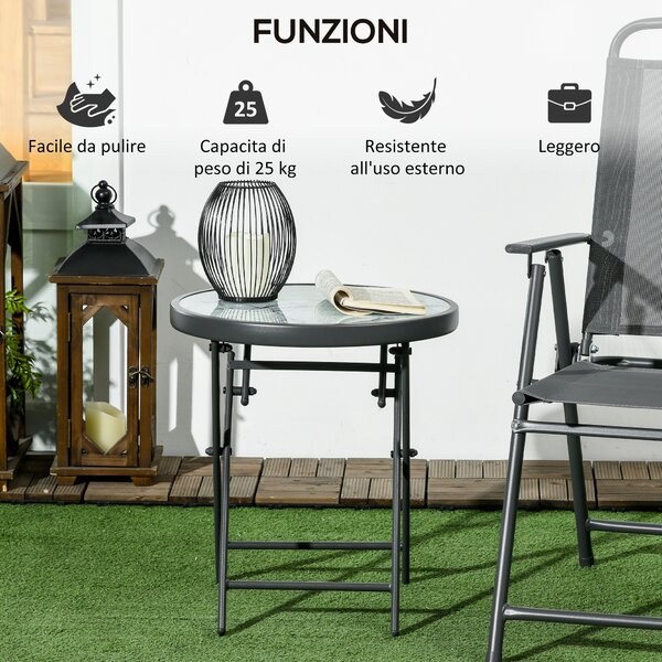 Outsunny Tavolino da Caffè per Giardino Pieghevole con Piano in Vetro Effetto Marmo, Ø45x50cm, Grigio|Aosom