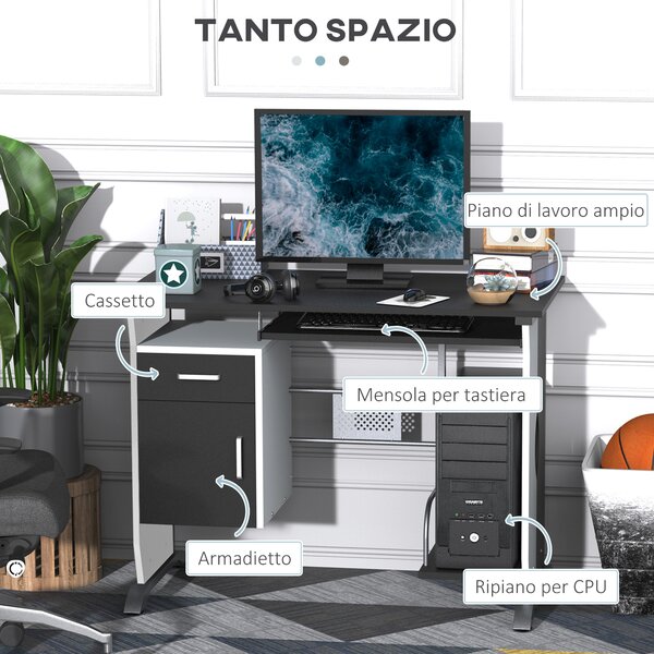 HOMCOM Scrivania per Computer con Ripiano, Cassetto e Armadietto, in MDF e Ferro, 100x52x75 cm, Bianca e Nera