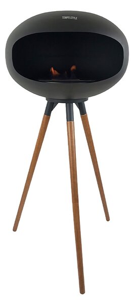 Camino a Bioetanolo da Pavimento Ø50x74 cm SICILY in Stile Nordico in Metallo Nero e Gambe in Legno Rovere