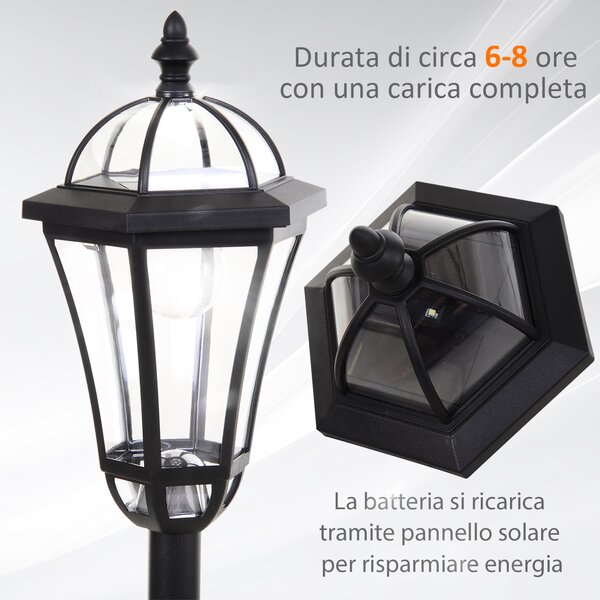 Outsunny Set 2 Lampioni Solari per Giardino con 2 LED e Accensione Automatica, Nero|Aosom