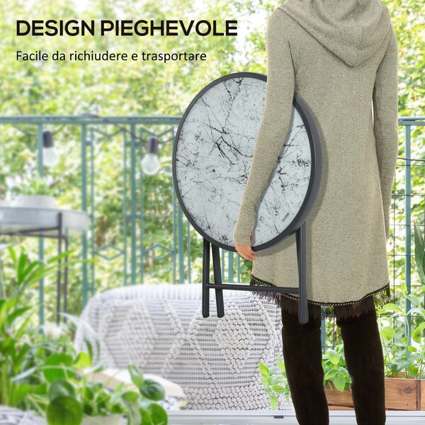 Outsunny Tavolino da Caffè per Giardino Pieghevole con Piano in Vetro Effetto Marmo, Ø45x50cm, Grigio|Aosom