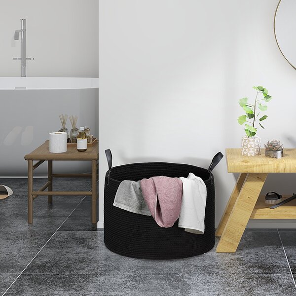 Cesto Portabiancheria Pieghevole con Manici 88L Ø56x35.5 cm in Cotone Naturale Nero