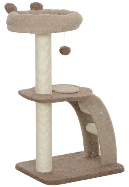 Albero Tiragraffi per Gatti 3 Livelli 48x40x88 cm Cuccia Rialzata in Juta e Peluche Bianco e Marrone