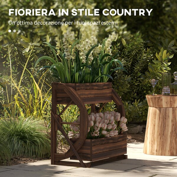 Outsunny Fioriera in Legno da Esterno a 2 Livelli con 3 Vasi e Ruote di Carro Stile Country, 55x32x56cm|Aosom