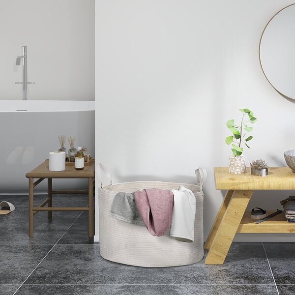 Cesto Portabiancheria Pieghevole con Manici 88L Ø56x35.5 cm in Cotone Naturale Bianco Crema