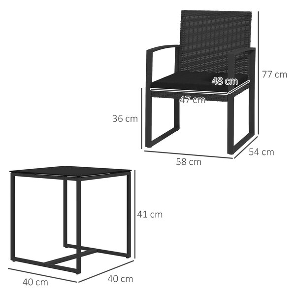 Outsunny Set da Giardino 3 Pezzi con 2 Sedie con Cuscini e Tavolino con Piano in Vetro, Effetto Rattan Nero|Aosom