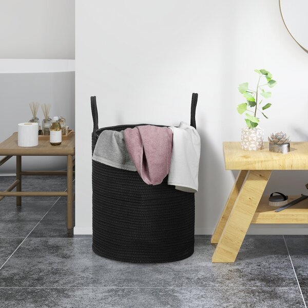 Cesto Portabiancheria Pieghevole con Manici 36L Ø38x45 cm in Cotone Naturale Nero