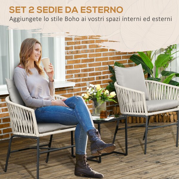 Outsunny Set 2 Sedie da Giardino in Stile Boho con Rivestimento in Corda e Cuscini Imbottiti, Grigio|Aosom
