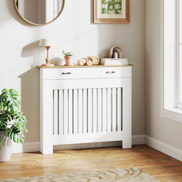 Copritermosifone a Doghe Antiribaltamento 112x19x97 cm con Vano Contenitore in Legno Bianco