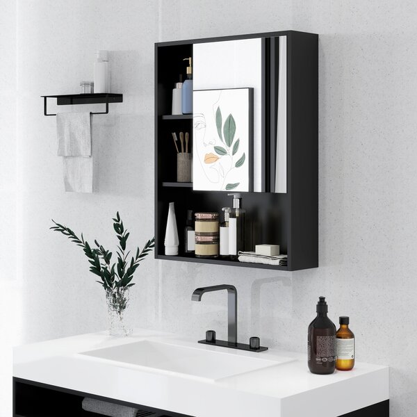 Armadietto con Specchio da Bagno con Mensole a Giorno 60x15x76cm Nero