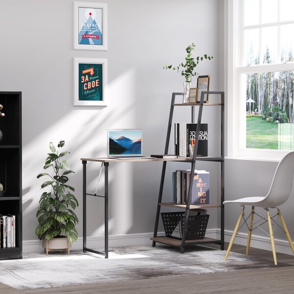 Scrivania Salvaspazio Pieghevole con Libreria 4 Livelli 106x48x128 cm in Legno e Metallo Grigio e Nero