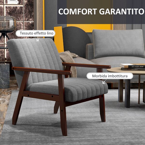 HOMCOM Poltroncina da Camera Moderna Imbottita in Tessuto e Legno con Cuciture Tubolari, Grigio|Aosom