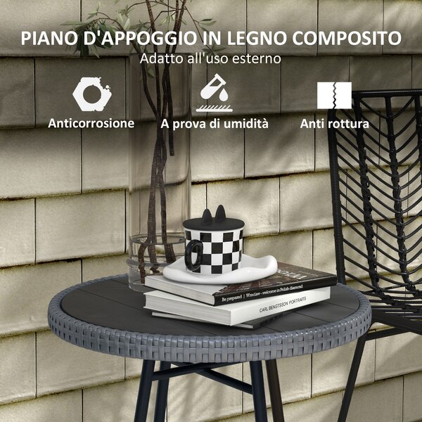 Outsunny Tavolino da Giardino Moderno con Piano in Plastica di Legno, in Rattan e Acciaio, 50x50x55 cm, Grigio e Nero|Aosom